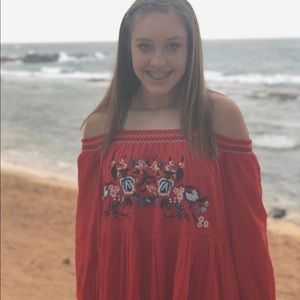 Red floral off the shoulder dress!